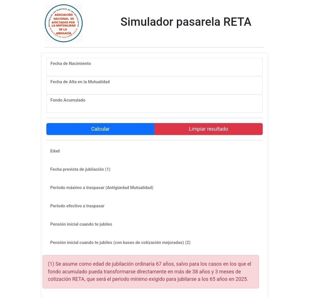 Si eres mutualista afectado por las Mutualidades de Previsión Social Alternativas, @asociacionANAMA pone a vuestra disposición su 'Calculadora Pasarela al RETA' para que puedas visualizar cómo quedaría tu pensión de legislarse una pasarela basada en nuestros informes actuariales.