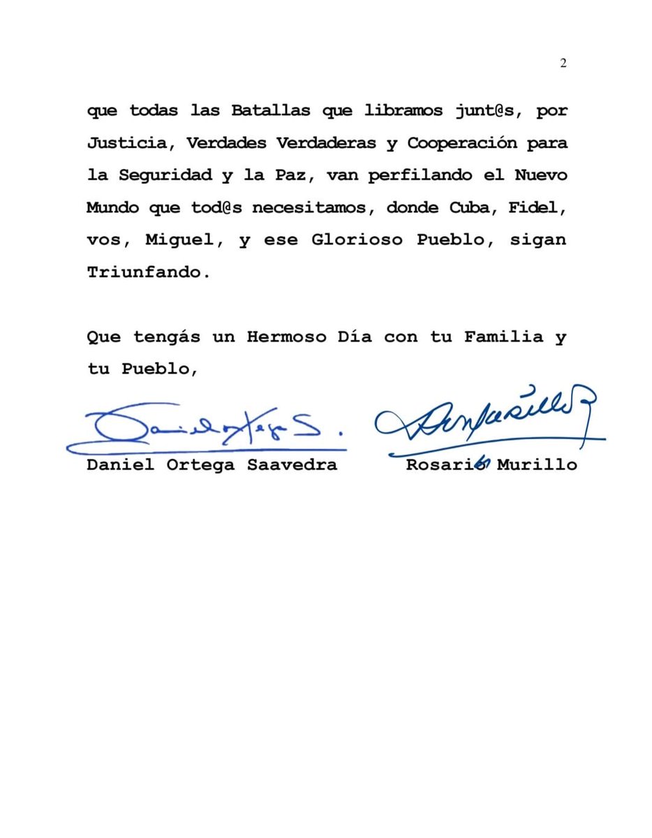 🇳🇮🇨🇺 Mensaje del Gobierno y pueblo de #Nicaragua al General de Ejército, Comandante  <a href="/RaulCastro_Ruz/">Raul Castro Ruz</a> en ocasión de su 93 cumpleaños.

#RaulEsRaul