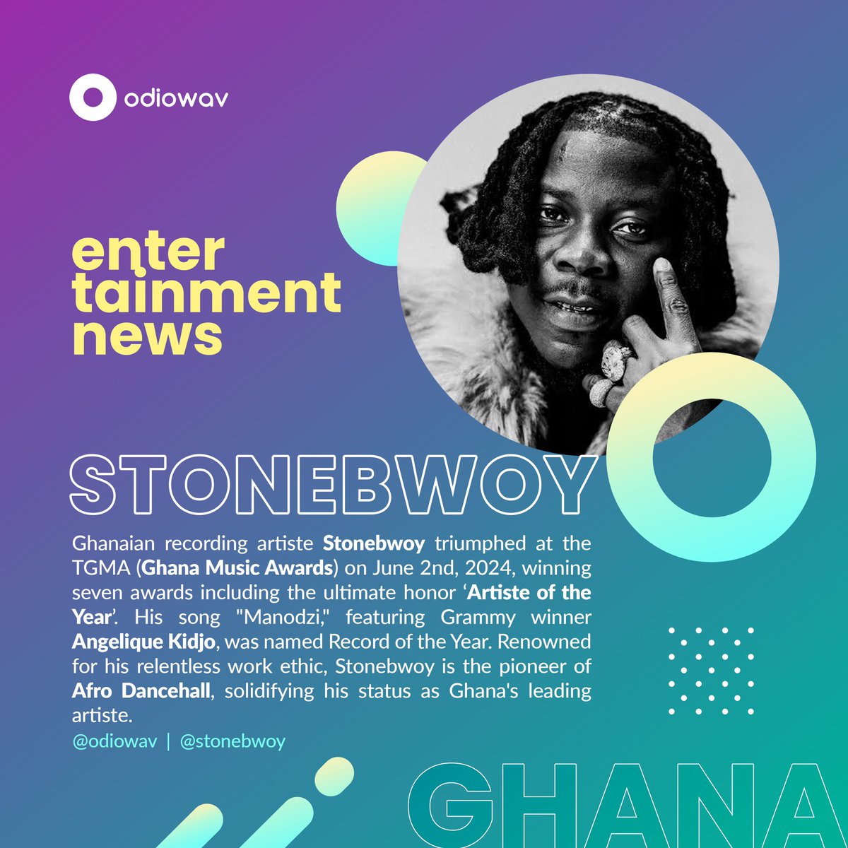 odiowav's tweet photo. >>> ENTERTAINMENT NEWS | GHANA 🇬🇭  

Ghanaian recording artiste @stonebwoy triumphed at the Ghana Music Awards  on 2/06/23, winning seven awards including the ultimate honor. His song "Manodzi," featuring Grammy winner @angeliquekidjo, emerged as Record of the Year.

#25thTGMA https://t.co/wEFcn0TBJE