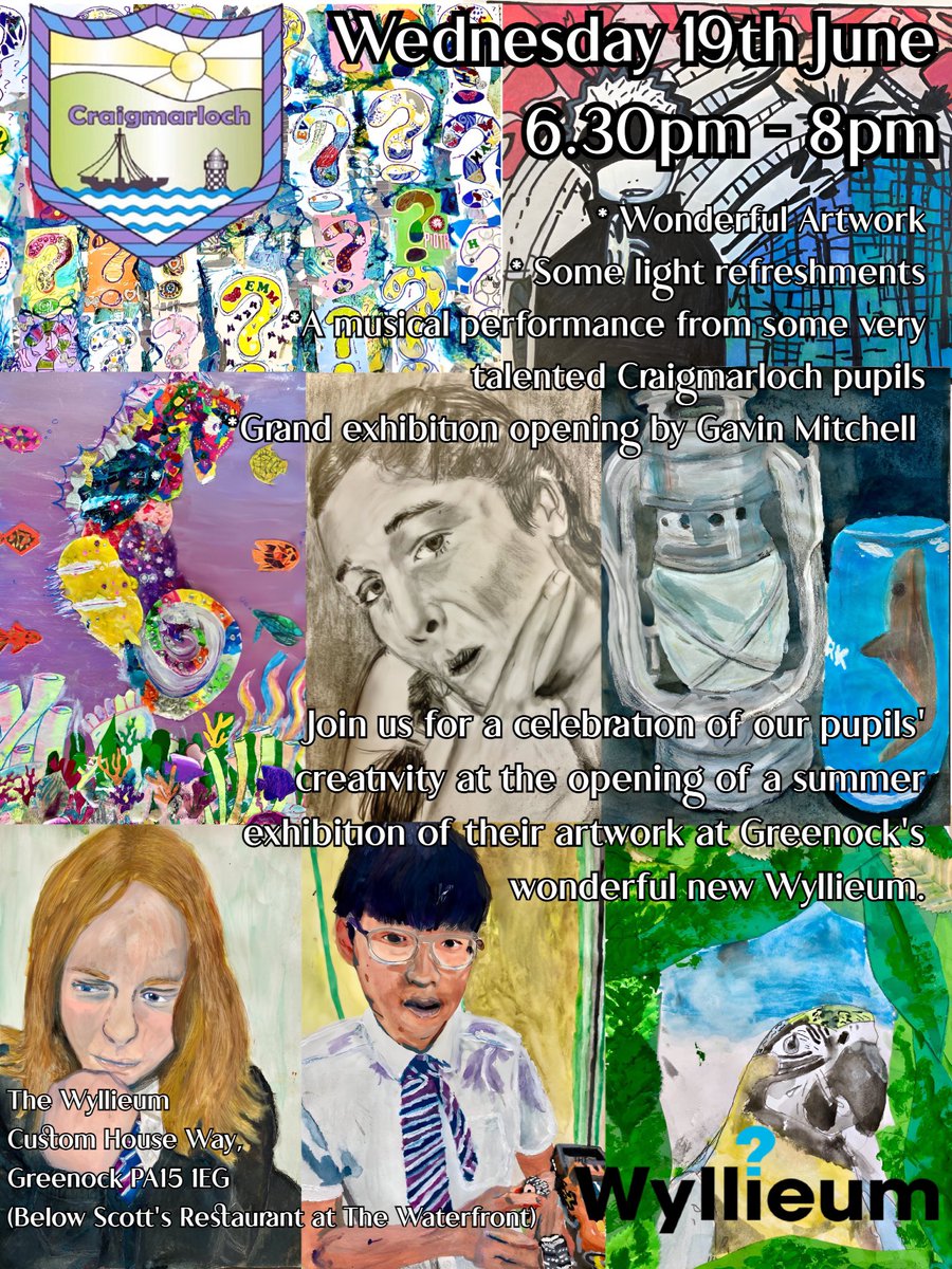 Please join us at our end of year exhibition at the wonderful Wyllieum. The Wyllieum itself is also worth seeing if you haven’t had the chance - and what better way to do so than to double up with seeing what we get up to at our cracking school! <a href="/CraigmarlochINV/">Craigmarloch School</a>  <a href="/ForTheBurds/">GeorgeWyllie, 1921-2012</a>