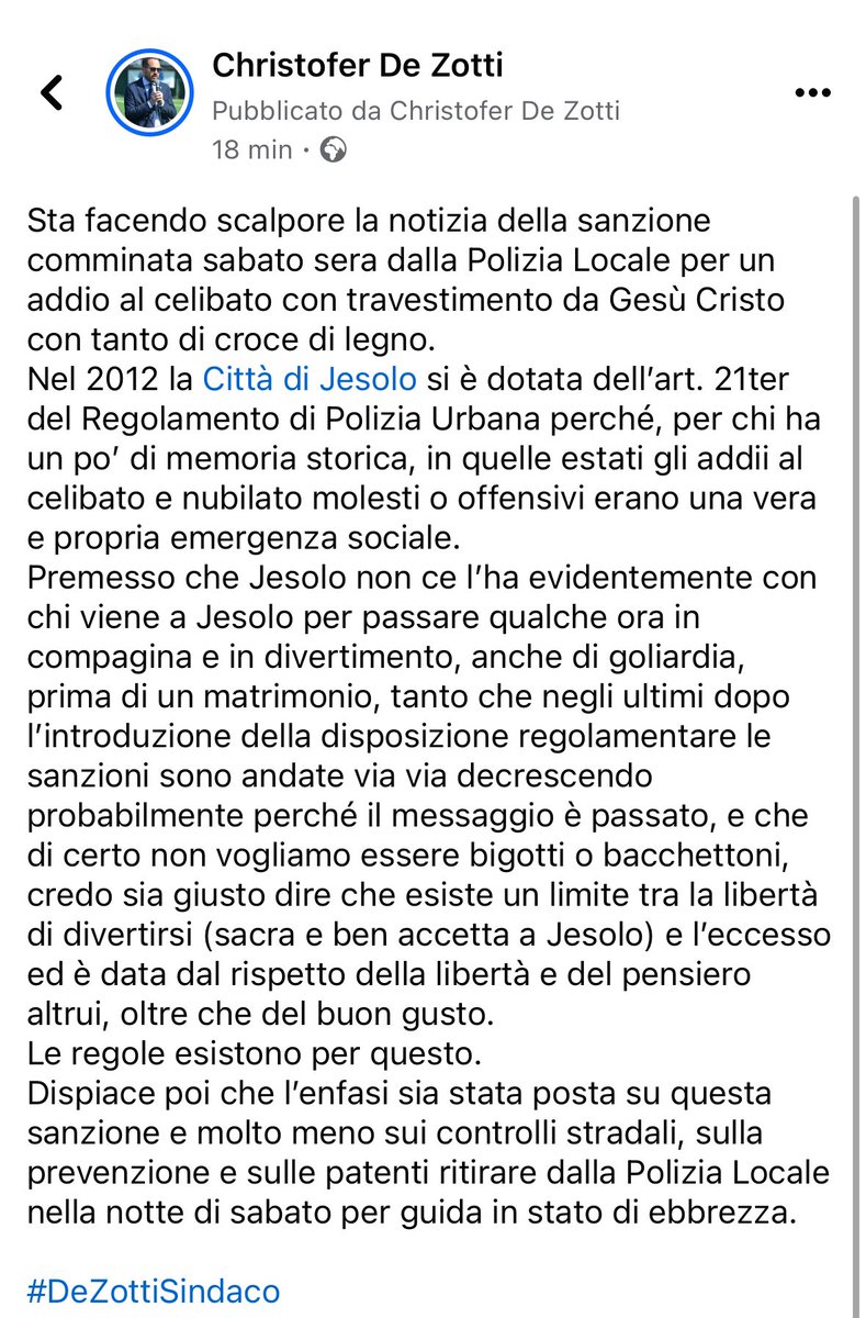 dzchristofer's tweet photo. Sta facendo scalpore la notizia della sanzione comminata sabato sera dalla Polizia Locale a Jesolo per un addio al celibato con travestimento da Gesù Cristo con tanto di croce di legno.
Ecco alcune mie considerazioni 👇 https://t.co/ovwx8QWj2V