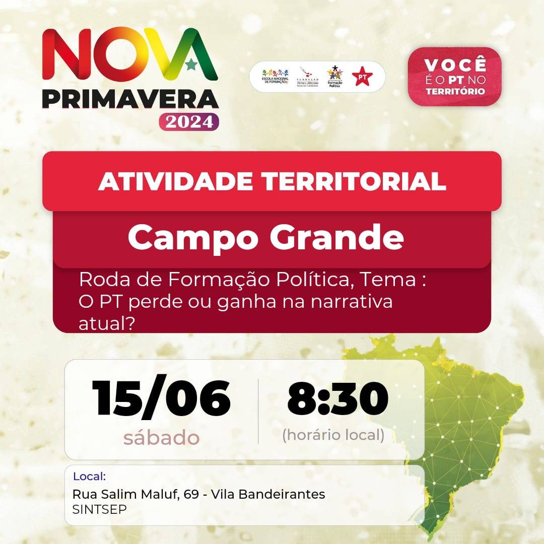 Olá companheiros e companheiras do PT, simpatizantes e militantes de esquerda.  Teremos uma roda de formação no  dia 15/6 (sábado) a partir das 8h30, na Rua Salim Maluf 69 ,  não perca 🚩⭐

Secretaria Municipal de Formação Política de Campo Grande