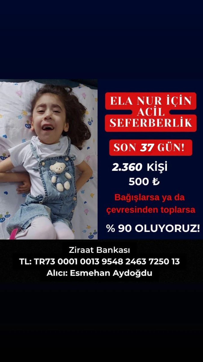Sma_elanur's tweet photo. ELA NUR Hastanede
‼️SON %12 
‼️SON  37 Gün

2.360  kişi 500₺ bağışlarsa ya da çevresinden toplarsa 

Kampanya %90 oluyoruz ‼️

#SONDAKİKA #SılaTürkoğlu Dolar  #bist100 #SokaktayımYanındayım 
İBANLAR⬇️ https://t.co/RzgClg2jKK