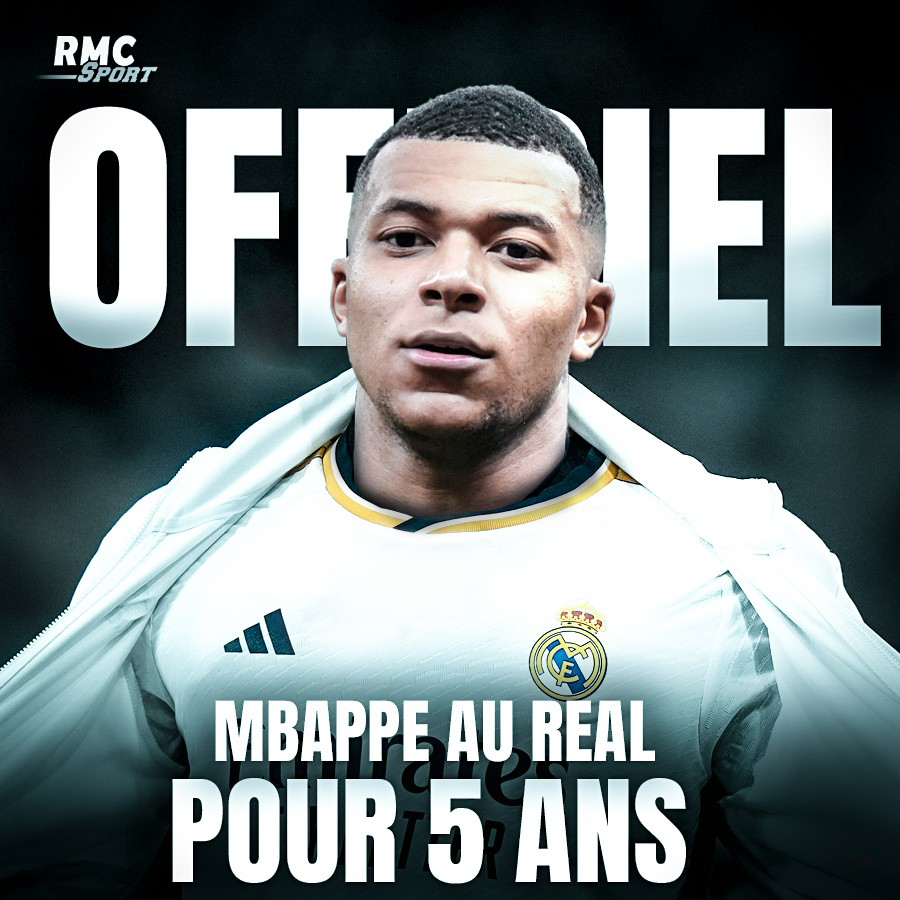 RMCsport's tweet photo. 🚨 💣 C'EST OFFICIEL, KYLIAN MBAPPE REJOINT LE REAL MADRID !

Contrat de 5 ans pour le désormais ex-Parisien.

https://t.co/qViccF2UdE https://t.co/ny8wYbDc91