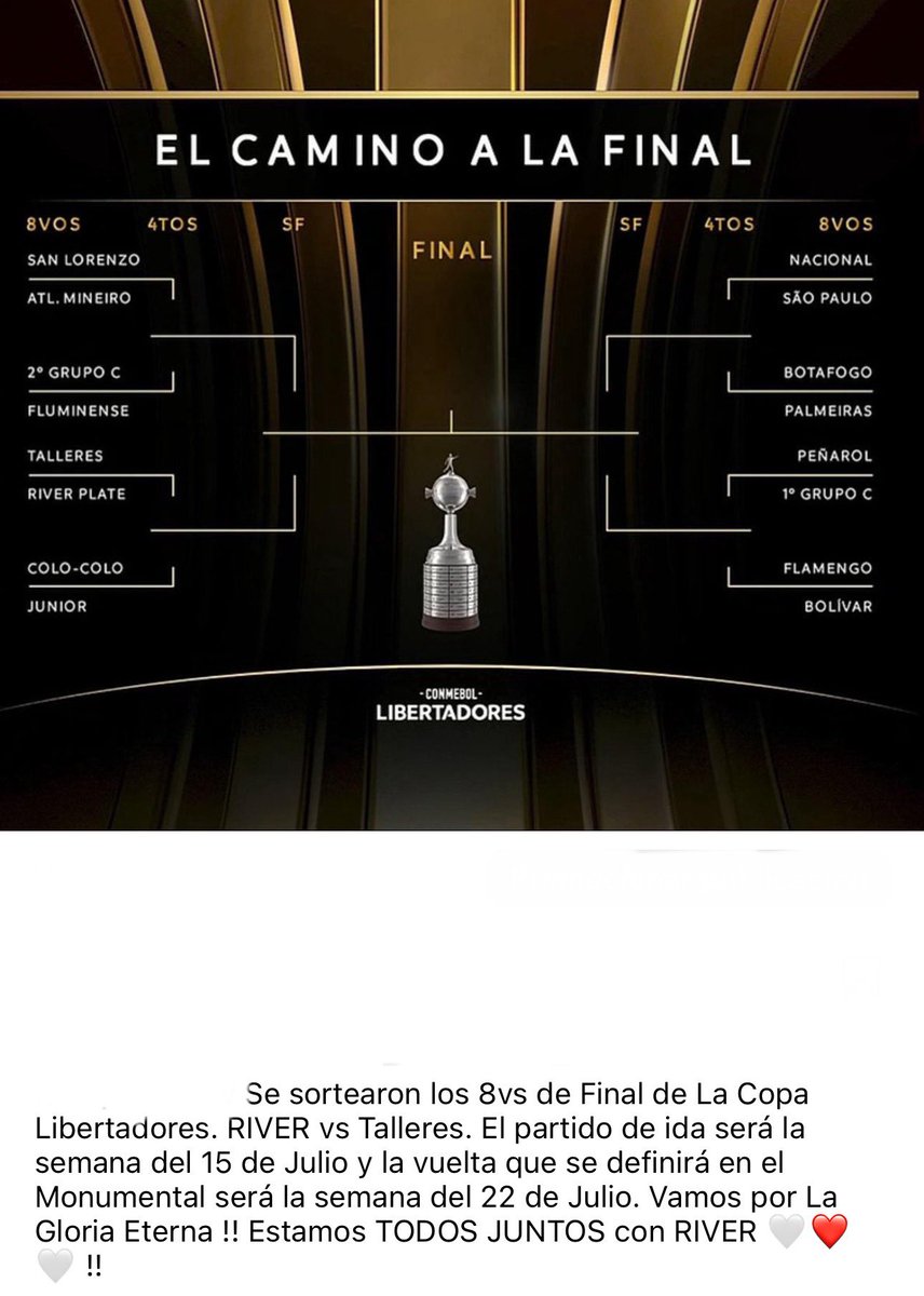 castellirodrigo's tweet photo. RIVER PLATE ya tiene rival en los 8vs de Final de La Copa Libertadores. Vamos por La Gloria Eterna 🤍❤️🤍 !! https://t.co/s56DKgkKgX