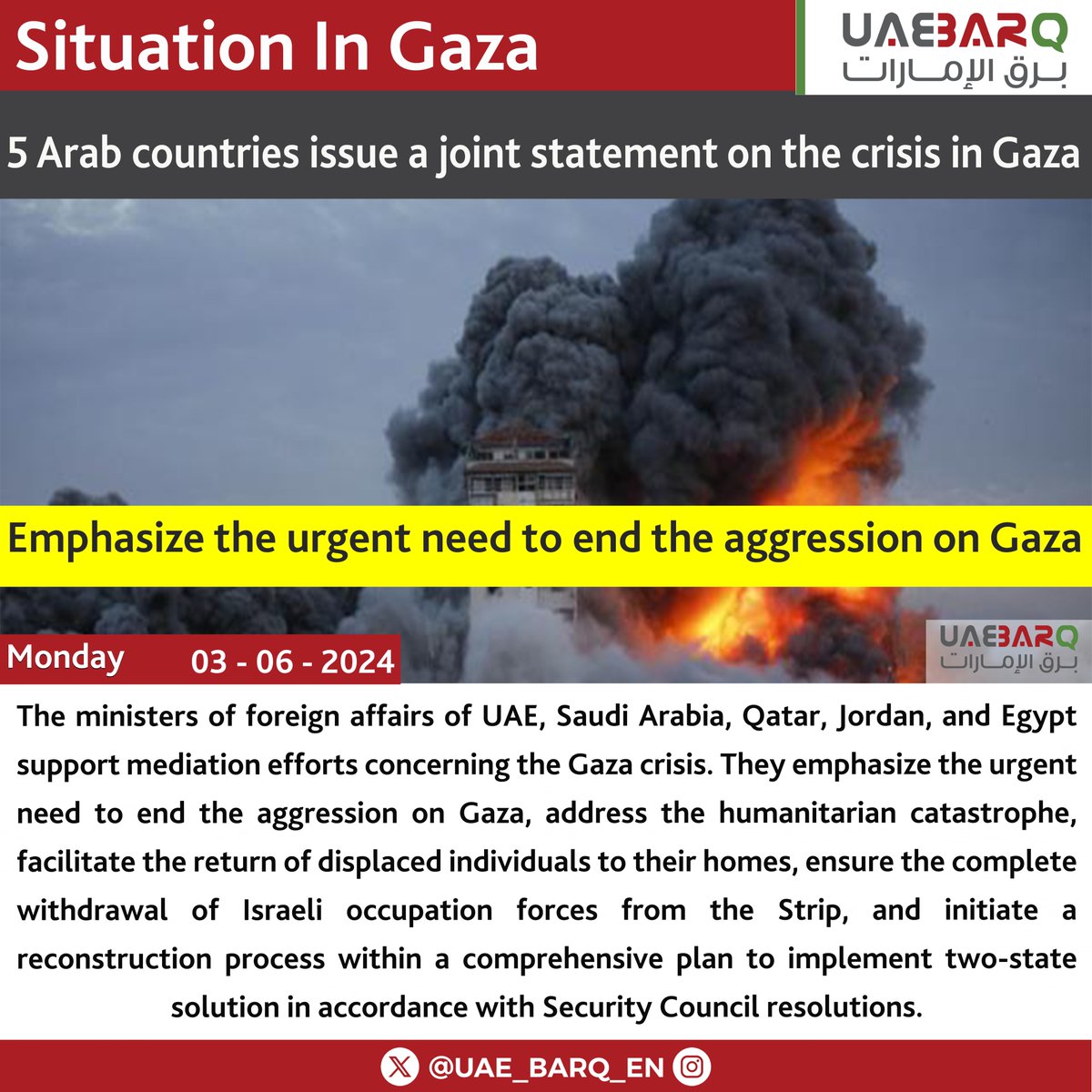 UAE_BARQ_EN's tweet photo. 5 Arab countries issue a #joint_statement on the crisis in #Gaza.

#UAE_BARQ_EN https://t.co/iIUtjFMGri