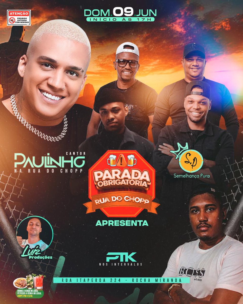 DIA 09/06 DOMINGÃO JÁ SABE NOSSO DESTINO NÉ? 

TE ENCONTRO NA RUA DO CHOPP, RODA DE SAMBA COM O GRUPO SEMELHANÇA PURA E CANTOR PAULINHO 🔥🎶💥
NOS INTERVALOS DJ PTK BOTANDO RITMINHO 💥
ANOTA AI , E CHAMA AS AMIGAS 🥵
🚫 PROIBIDA A ENTRADA DE BEBIDAS 
🚫BEBIDAS A VENDA NO LOCAL🚫