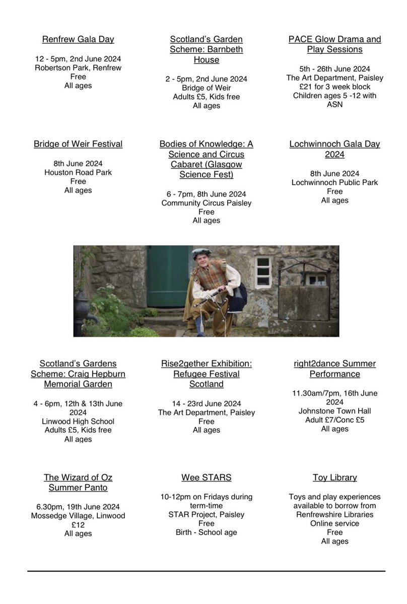 mrssmith_scps's tweet photo. Have a look at the selection of upcoming family opportunities and activities available in Renfrewshire over the next month. 🎨🎭 @stcatherinespsy @onerenculture https://t.co/CwwSWOvOzz