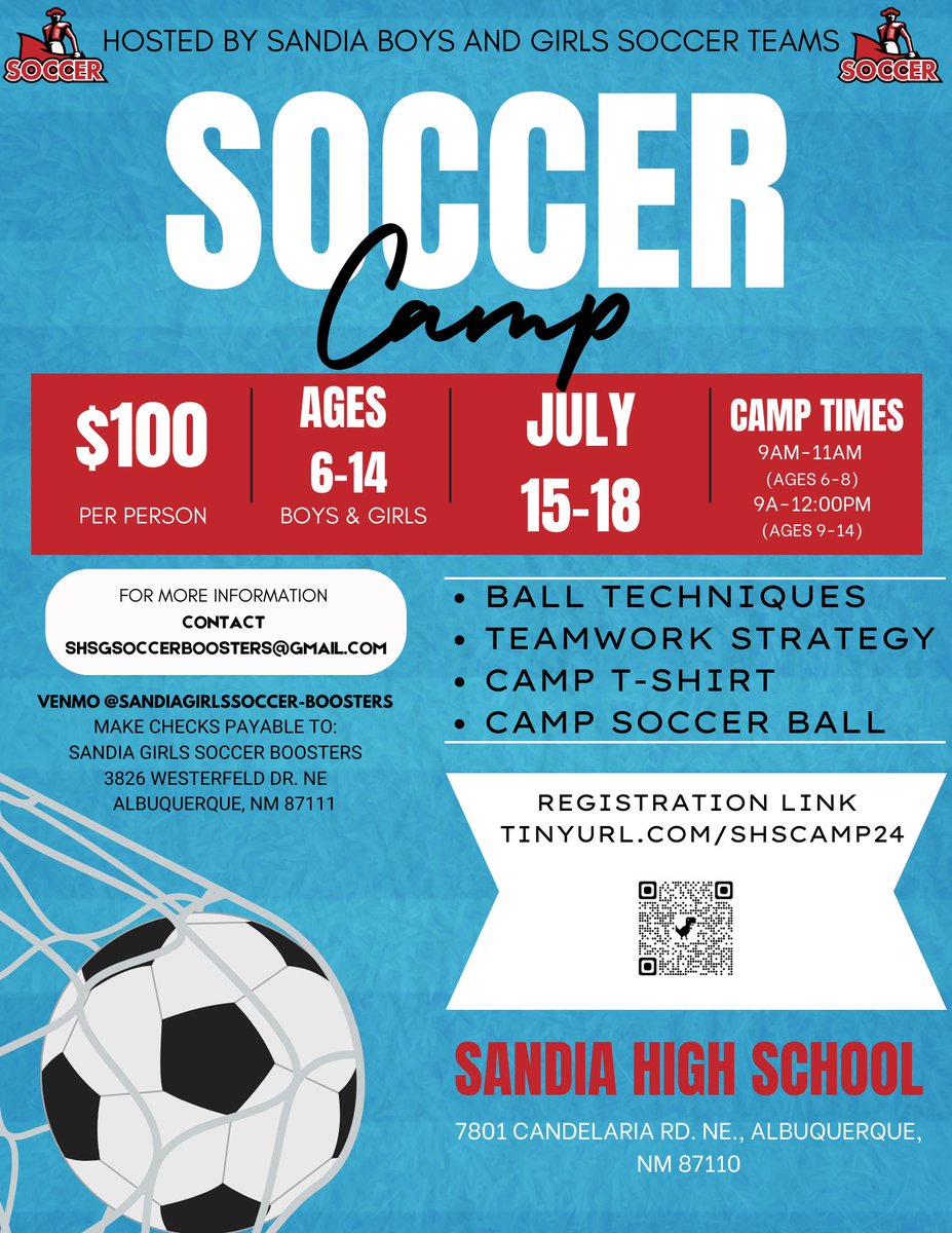 It’s officially summer break! Are you looking for a great soccer camp this summer? Sandia Girls and Boys soccer will be hosting a soccer camp July 15-18 for girls and boys ages 6-14. Please fill out the registration form to save your spot.

tinyurl.com/shscamp24