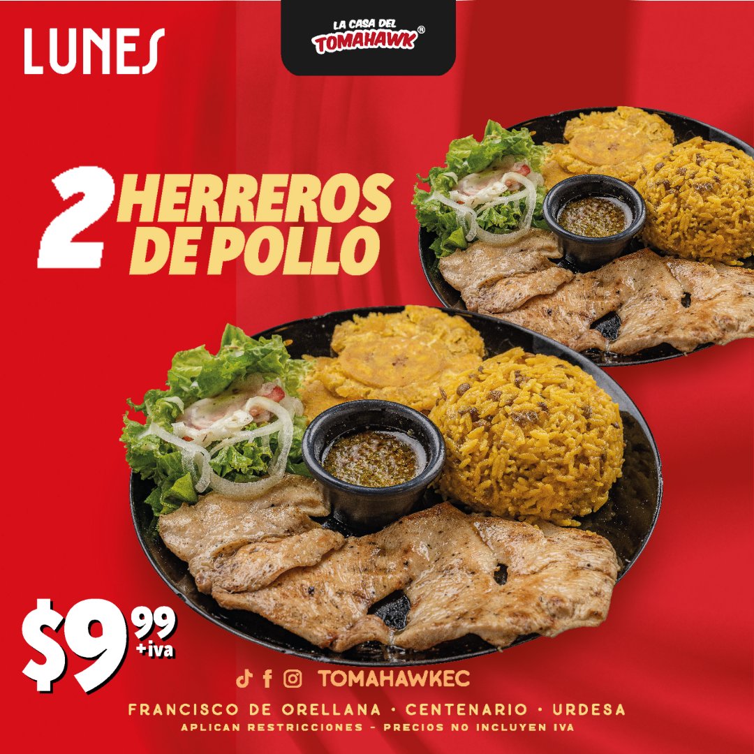 TomahawkEc's tweet photo. Llegó el día de disfrutar de nuestro delicioso #HerreroDePollo, porque los #Lunes por $9.99+iva puedes venir con tu #personafavorita y comer #ALoGrande.

Orellana 0968826776 

#TomahawkEcuador #TomahawkSTeak #MomentosTomahawk #viral #foryou #parati #smashburgers https://t.co/zMWWwk5rK3