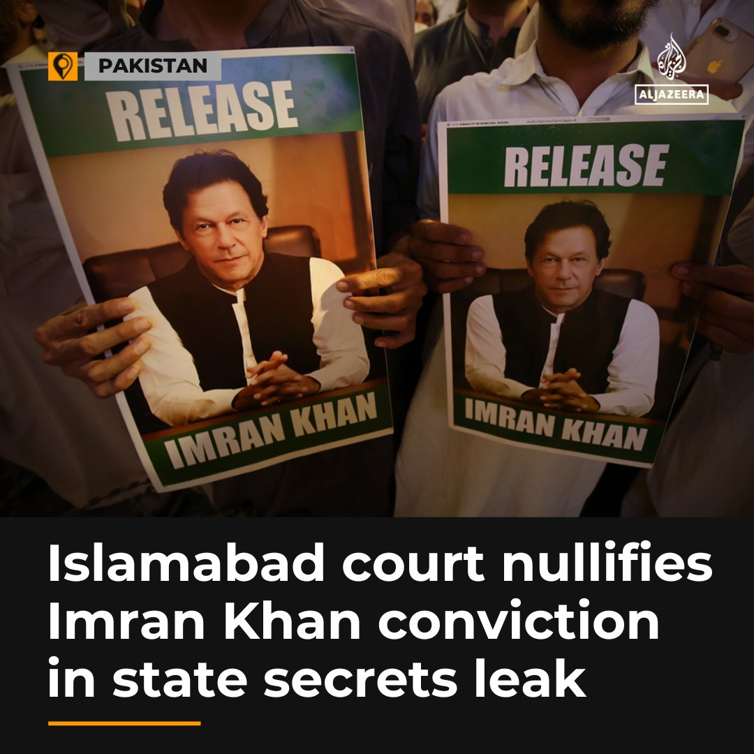 Islamabad court annulls sentence of Pakistan's ex-PM Imran Khan in a case related to the leaking of state secrets, but he will remain behind bars because of another conviction.

Read more: aje.io/5zbj1f