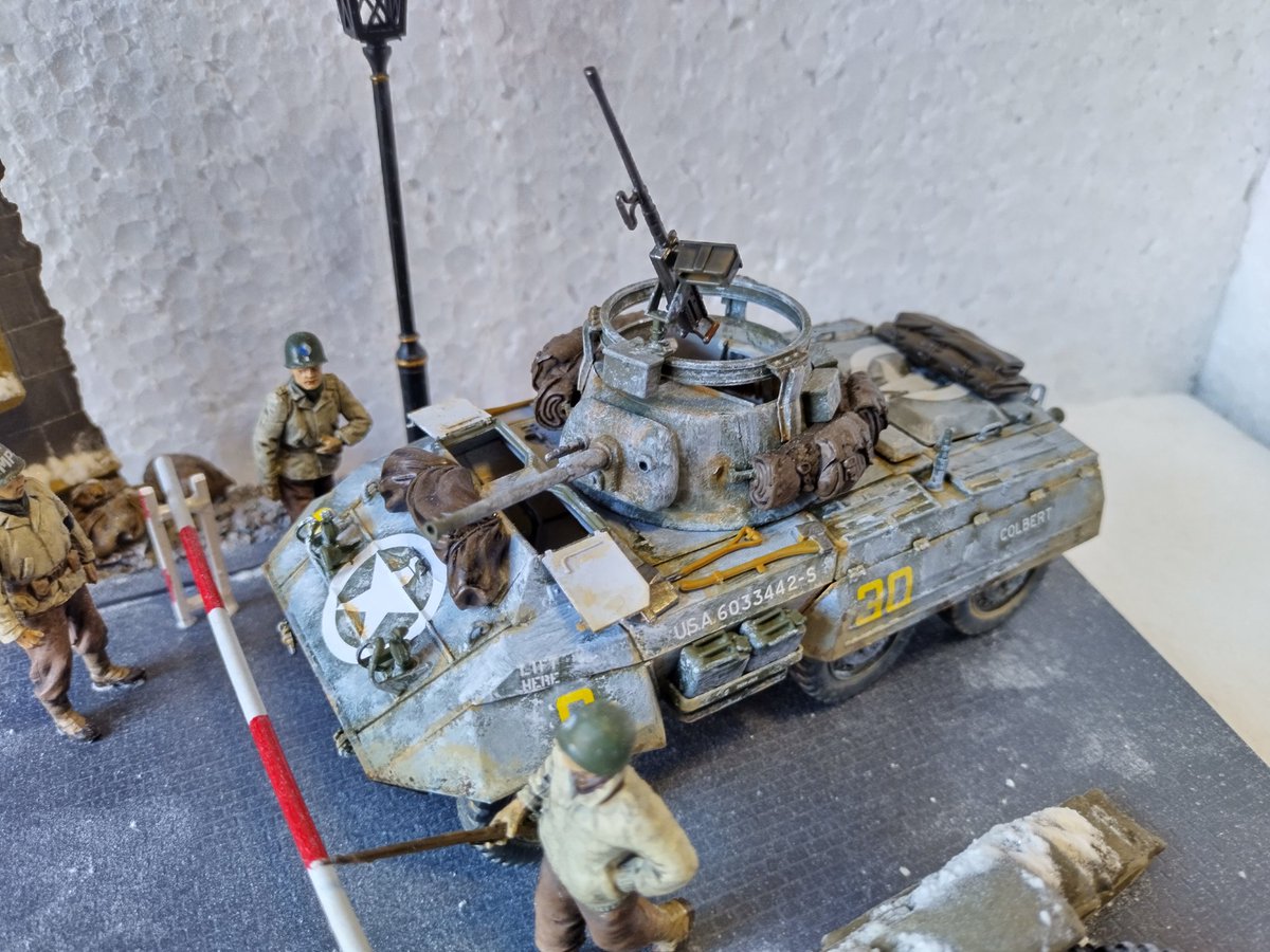 1. Complete, Italeri M8 Greyhound. It's green with a bit of winter camo. This scout car is modelled late 1944 somewhere in France. Diorama made up from spares. One for #JFFGREEN