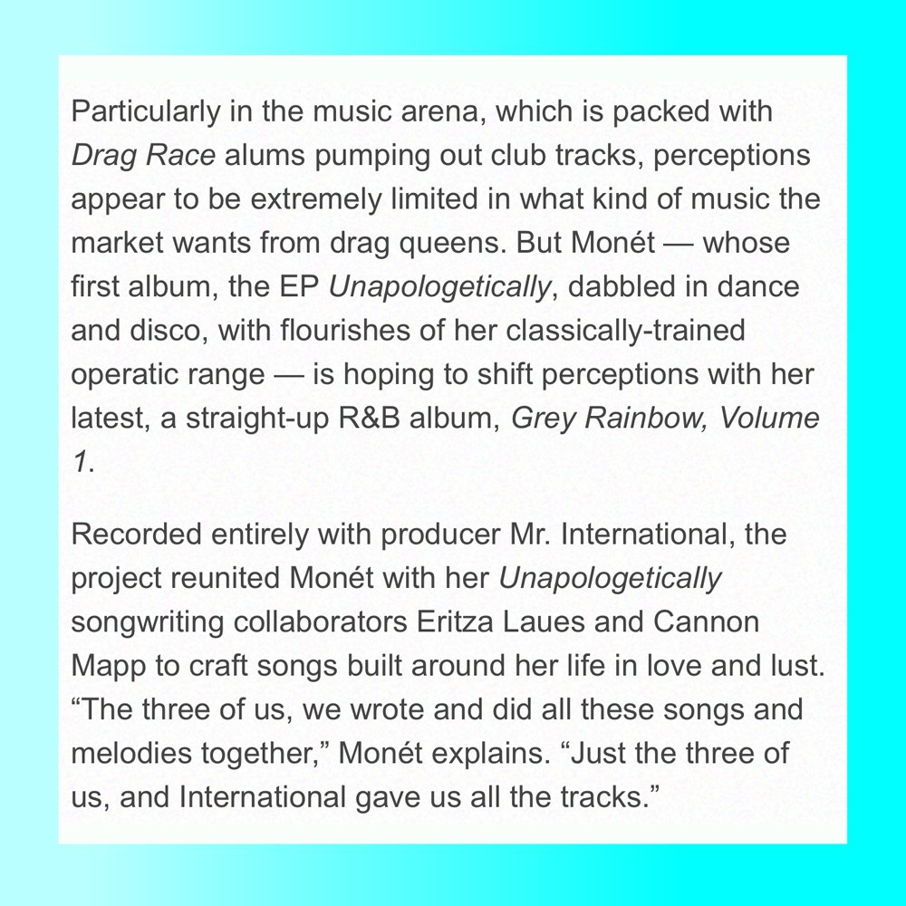 Have you given @MonetXChange's #GreyRainbow a listen yet? Read the @MetroWeekly article to get her insight into the new album and then stream it.
Article-&gt; bit.ly/3yColpy
Stream the album-&gt; bit.ly/3R5vKEp

#PEGpresents #MonetXChange #AlbumRelease #DragRace #PEG