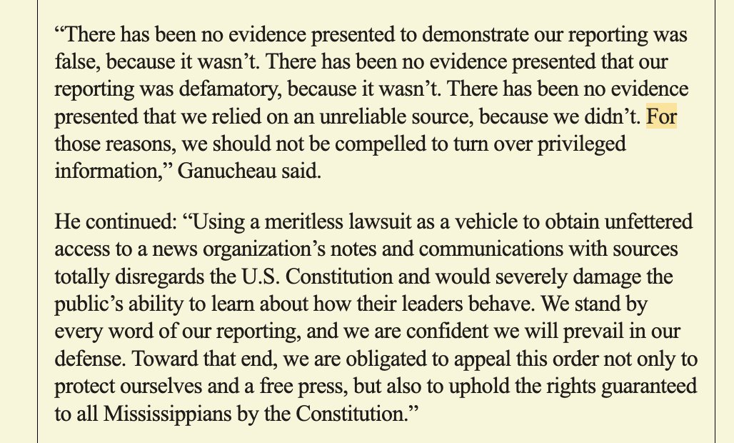 From last night's media newsletter: Mississippi Today won a Pulitzer for uncovering the state's $77 million welfare scandal. Now the org is being sued for defamation by the former governor, and has been ordered to turn over its reporting notes by this week semafor.com/newsletter/06/…