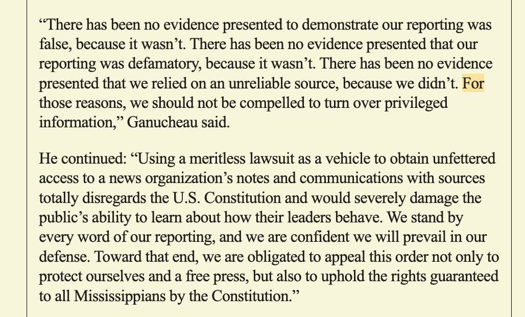 From last night's media newsletter: Mississippi Today won a Pulitzer for uncovering the state's $77 million welfare scandal. Now the org is being sued for defamation by the former governor, and has been ordered to turn over its reporting notes by this week semafor.com/newsletter/06/…