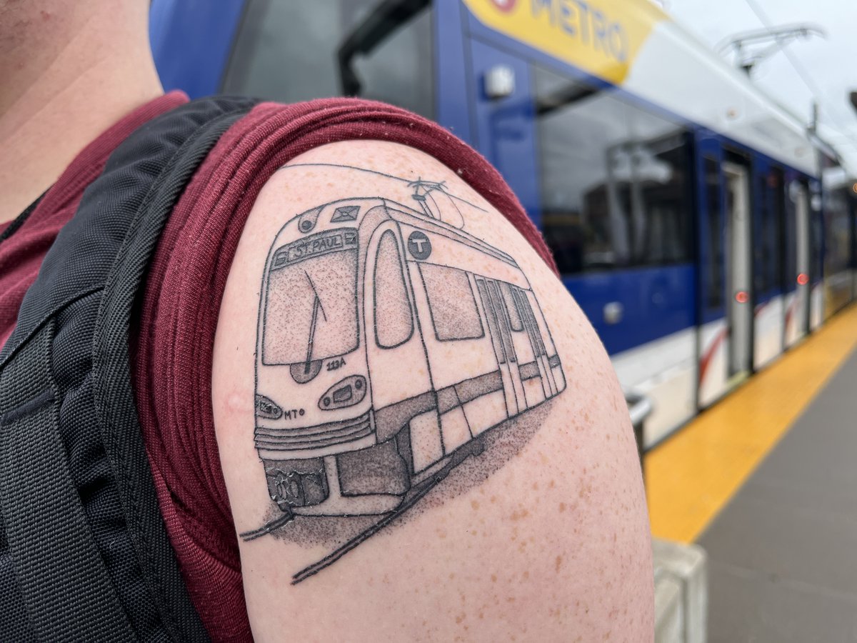 St. Paul resident Billy Gleason is a big believer in transit. When he thought about what he'd like to get for his first tattoo, he quickly landed on what he calls "a great symbol" of city life, a Metro Transit light rail vehicle! Cool tattoo, Billy!