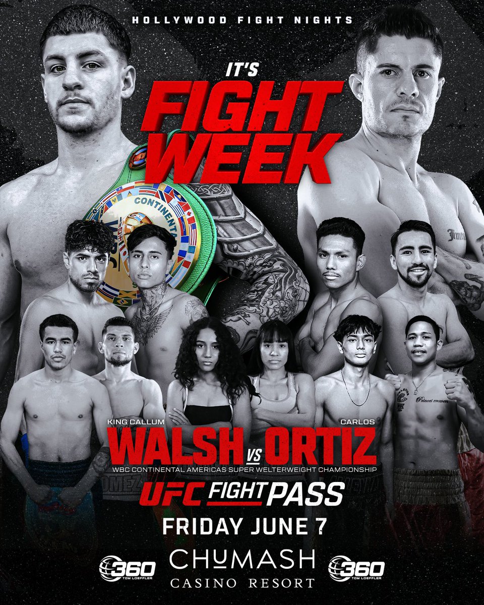360 Promotions (@360boxingpromos) on Twitter photo ๐ฐ๐ปโ๐บ ๐ญ๐ฐ๐ฎ๐ฏ๐ป ๐พ๐ฌ๐ฌ๐ฒ! This Friday night ๐ฎ๐ช ๐ <a href="/KINGCALLUMWALSH/">KING CALLUM WALSH</a> takes on ๐ฒ๐ฝ Carlos Ortiz for the <a href="/WBCBoxing/">World Boxing Council</a> Continental Americas Super Welterweight Championship from the <a href="/chumashcasino/">Chumash Casino Resort</a> live on <a href="/UFCFightPass/">UFC FIGHT PASS</a> #WalshOrtiz #HollywoodFightNights #HFNBoxing ๐ฐ๐ปโ๐บ ๐ญ๐ฐ๐ฎ๐ฏ๐ป ๐พ๐ฌ๐ฌ๐ฒ! This Friday night ๐ฎ๐ช ๐ <a href="/KINGCALLUMWALSH/">KING CALLUM WALSH</a> takes on ๐ฒ๐ฝ Carlos Ortiz for the <a href="/WBCBoxing/">World Boxing Council</a> Continental Americas Super Welterweight Championship from the <a href="/chumashcasino/">Chumash Casino Resort</a> live on <a href="/UFCFightPass/">UFC FIGHT PASS</a> #WalshOrtiz #HollywoodFightNights #HFNBoxing