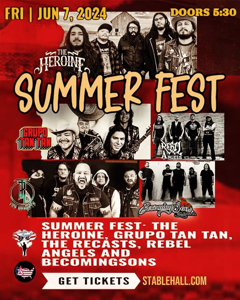 🔥4 DAYS TO GO 🔥’til SUMMER FEST 🤘Summer Fest: The Heroine, Grupo Tan Tan, The Recasts, Rebel Angels and BecomingSons. A portion of this show’s proceeds are going to Soldiers’ Angels soldiersangels.org. Get Tickets 🎟️ tixr.com/groups/stableh…
