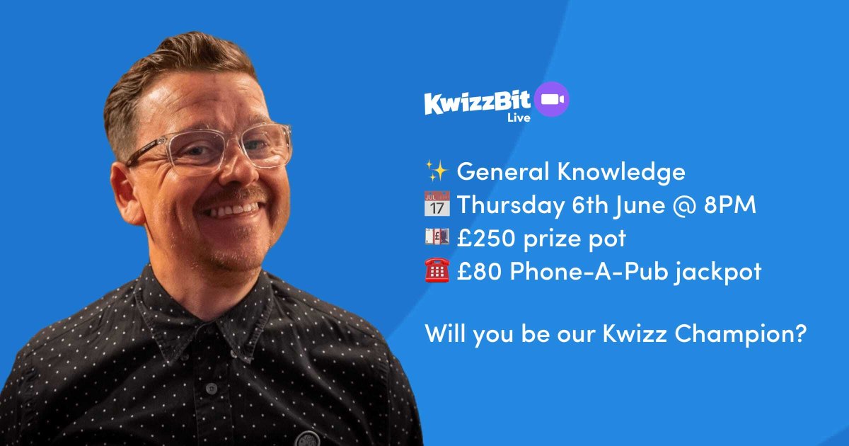 This Thursday is quizzing time!

Join us for KwizzBit Live - a national pub quiz - streamed to your venue from your KwizzBit account.

You can win £250 in Amazon vouchers, plus £80 from our Phone-A-Pub jackpot by answering just one question correctly.

#KwizzBitLive