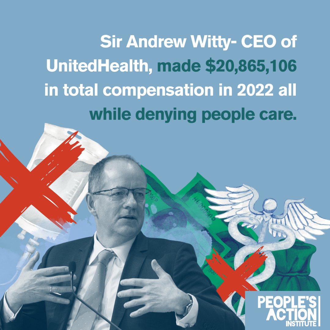 PplsAction's tweet photo. United’s executive pay packages are OUTRAGEOUS. UnitedHealth CEO Sir Andrew Witty takes more than $20 million/year in compensation. That’s 331 times what his median employee makes–unbelievable. That brings us to today’s meeting. https://t.co/Ns4pMekP1l