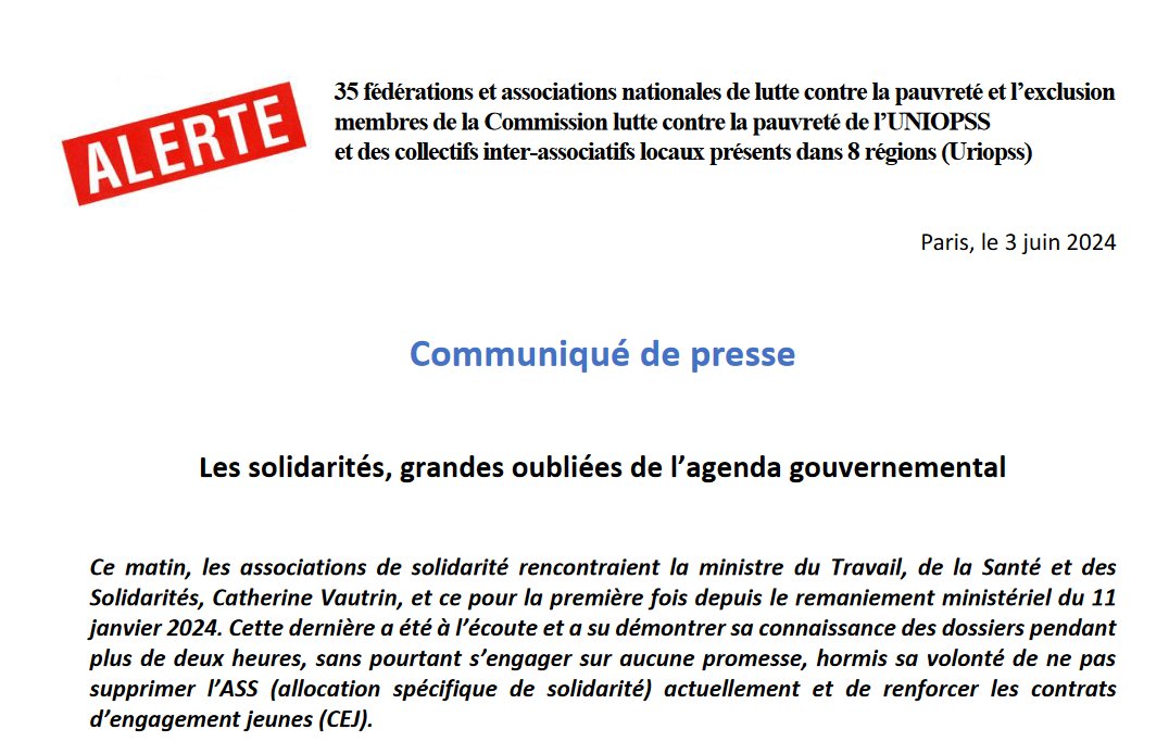 🚨Après leur rencontre avec la ministre <a href="/CaVautrin/">Catherine Vautrin</a>, les associations de solidarité invitent le <a href="/gouvernementFR/">Gouvernement</a> à changer de cap pour  répondre à  l’engagement d’éradication de l’extrême pauvreté d’ici 2030 pris par <a href="/EmmanuelMacron/">Emmanuel Macron</a>.

🔎#Communiqué➡️lstu.fr/kmJFGBAP