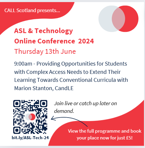 CALLScotland's tweet photo. ASL & Technology 2024 is just 6 days away!
What's happening in Room 3?
At 9.00am we have Marion sharing how practitioners should think differently about learning when supporting learners with complex access needs.
https://t.co/5b3j0B0ZuO
#ASLTech24 https://t.co/U8xmeAe3tR