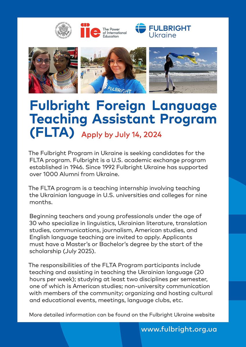 Czech Fulbright (@czechfulbright) on Twitter photo The Fulbright Program in Ukraine is seeking candidates for the FLTA program to teach Ukrainian language in US universities and colleges. Deadline is July 14th!
For detailed information contact the <a href="/FulbrightUA/">Fulbright Ukraine</a> The Fulbright Program in Ukraine is seeking candidates for the FLTA program to teach Ukrainian language in US universities and colleges. Deadline is July 14th!
For detailed information contact the <a href="/FulbrightUA/">Fulbright Ukraine</a>