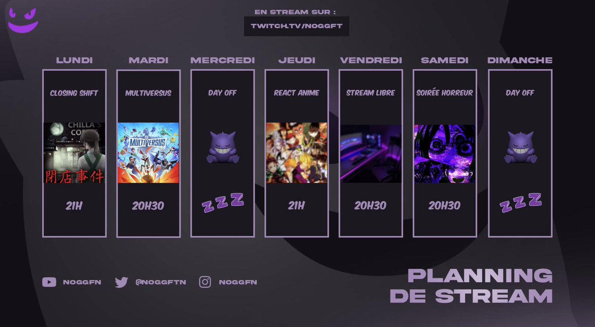 Et voilà le planning de la semaine ! 

Ce soir : Closing shift (chilla’s Art ) 
Mardi : Multiversus 
Jeudi : React anime 
Vendredi : Stream libre 
Samedi : soirée horreur 

J’espère qu’il vous plaît on se voit ce soir pour en parler ! 

Cœur sur vous 🫶