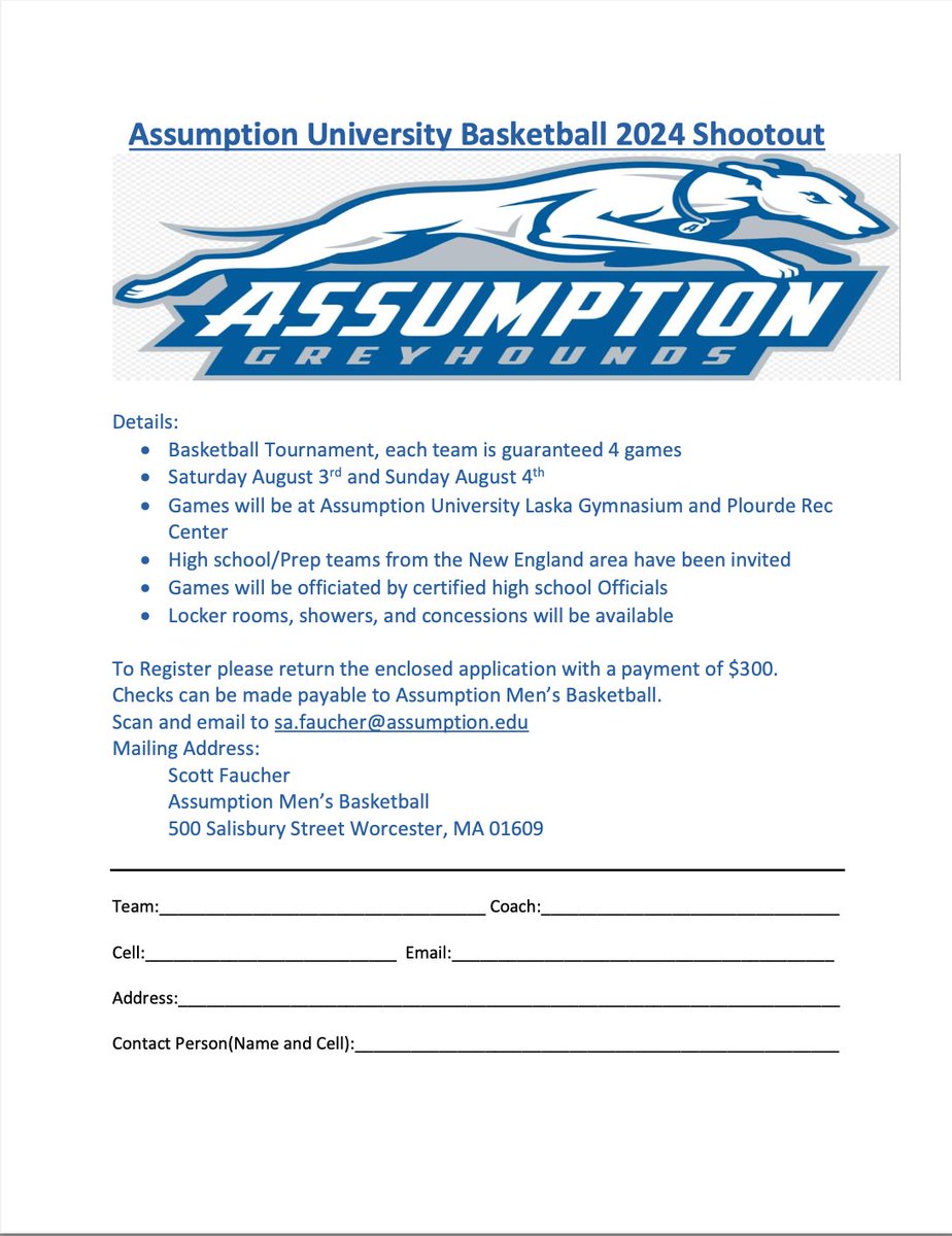 We are excited to announce our Assumption University Basketball Shootout is back again for 2024!

All teams are guaranteed at least 4 games
🗓️August 3rd &amp; 4th
📍Assumption University

DM or reach out to A.bronstein@assumption.edu for any questions!