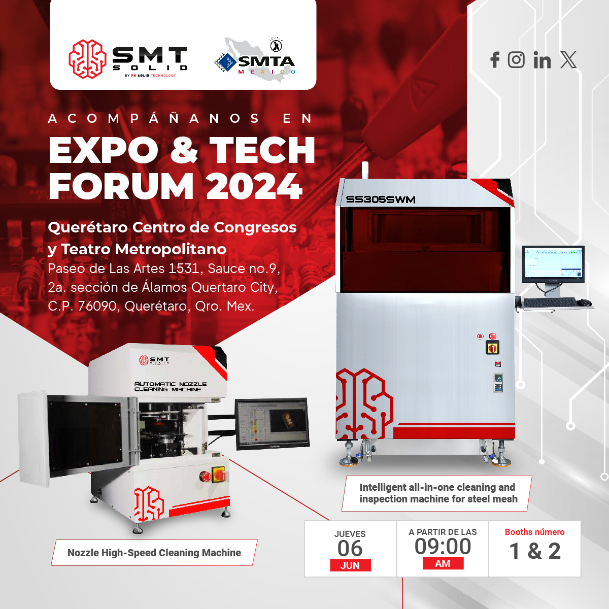 FhSolid's tweet photo. ¡Te invitamos a visitar a nuestra empresa hermana, SMT Solid, durante la Expo &amp; Tech Forum 2024 en Querétaro! 🌟 Ven y descubre nuestras innovaciones y soluciones tecnológicas del 22 al 24 de agosto. 📅🔧 

#ExpoTechForum2024 #Querétaro #InnovaciónIndustrial #SMTSolid https://t.co/bJuL01kUxJ
