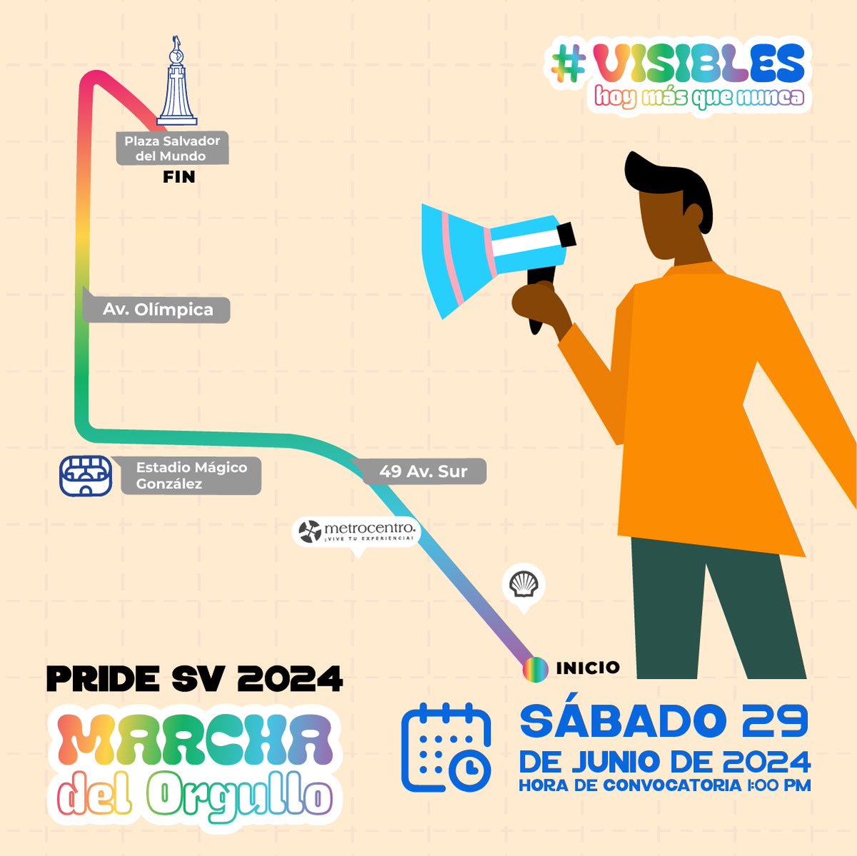 Marca la ruta de la Marcha del Orgullo 2024 🏳️‍🌈🏳️‍⚧️

Este sábado 29 de junio a la 1 p.m. vístete con los colores de tu orgullo y trae tu bandera para que juntxs recorramos las calles y mostremos que estamos #VISIBLES, hoy mas que nunca 🏳️‍🌈🏳️‍⚧️

#PrideSV #MarchaDelOrgullo