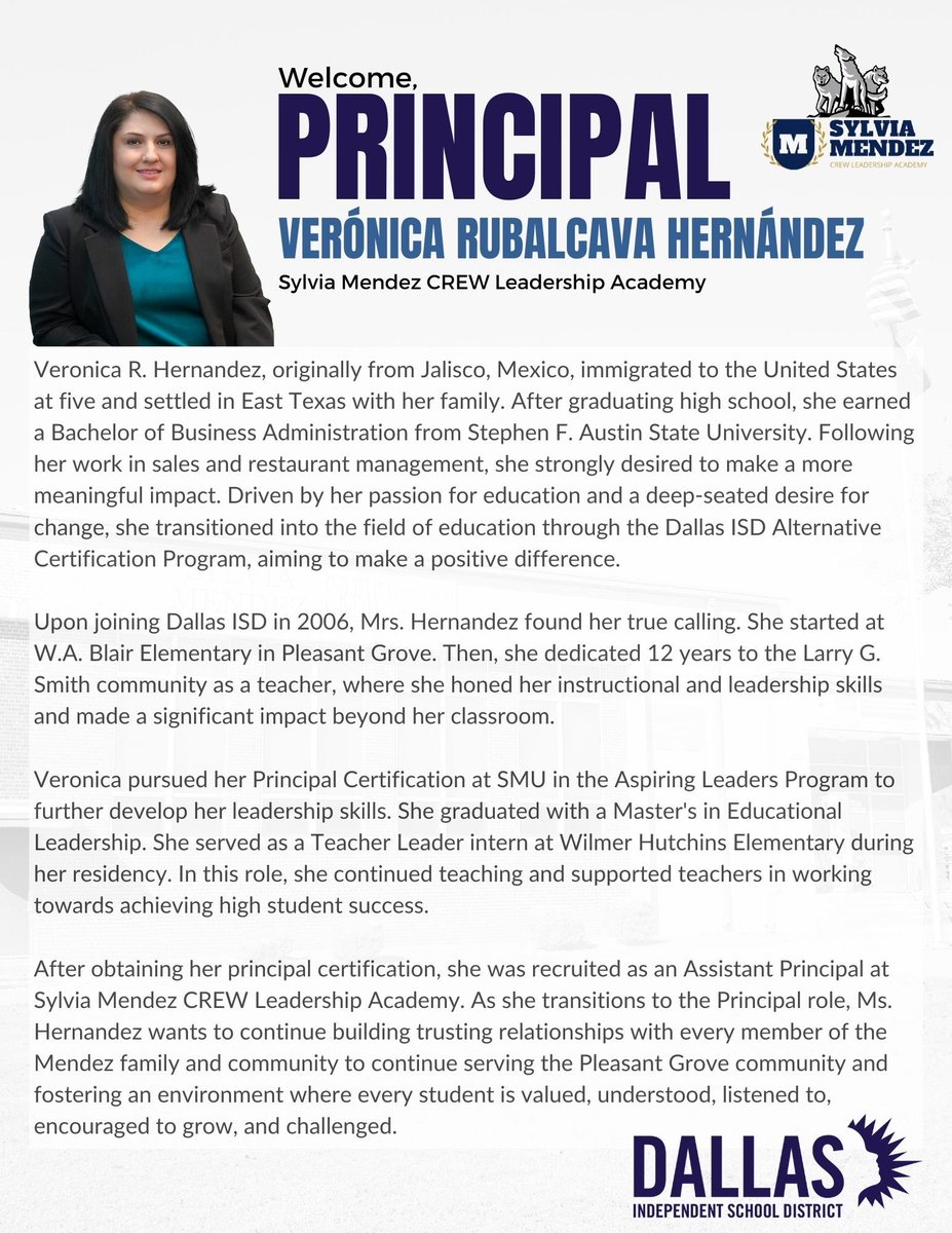 Hector (@_hectormartinez) on Twitter photo Congratulations to Veronica Hernandez for being selected as the new Sylvia Mendez CREW Leadership Academy Principal! Her roots go deep in <a href="/dallasschools/">Dallas ISD</a> ! <a href="/DallasISDSupt/">Dr. Stephanie S. Elizalde</a> <a href="/LauraRubioGarza/">Laura Garza</a> <a href="/Steps2Samuell/">@Steps2Samuell</a> <a href="/CREWatDISD/">Sylvia Mendez CREW Leadership Academy</a> Congratulations to Veronica Hernandez for being selected as the new Sylvia Mendez CREW Leadership Academy Principal! Her roots go deep in <a href="/dallasschools/">Dallas ISD</a> ! <a href="/DallasISDSupt/">Dr. Stephanie S. Elizalde</a> <a href="/LauraRubioGarza/">Laura Garza</a> <a href="/Steps2Samuell/">@Steps2Samuell</a> <a href="/CREWatDISD/">Sylvia Mendez CREW Leadership Academy</a>
