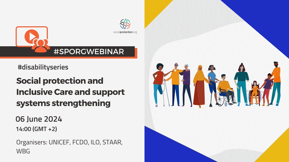 (1/3) 🚨 Join 
<a href="/STAAR_Facility/">STAAR Facility</a>, <a href="/SP_Gateway/">socialprotection.org</a>, <a href="/soc_protection/">ILOSocialProtection</a>, 
<a href="/UNICEFSocPolicy/">UNICEF Social Policy</a>, <a href="/unicef/">UNICEF</a> &amp; <a href="/WorldBank/">World Bank</a> on 6 June for the 2nd session of the series 'Towards Inclusive SP Systems: Participation and Inclusion of Persons with Disabilities'. tinyurl.com/54wayfmm.