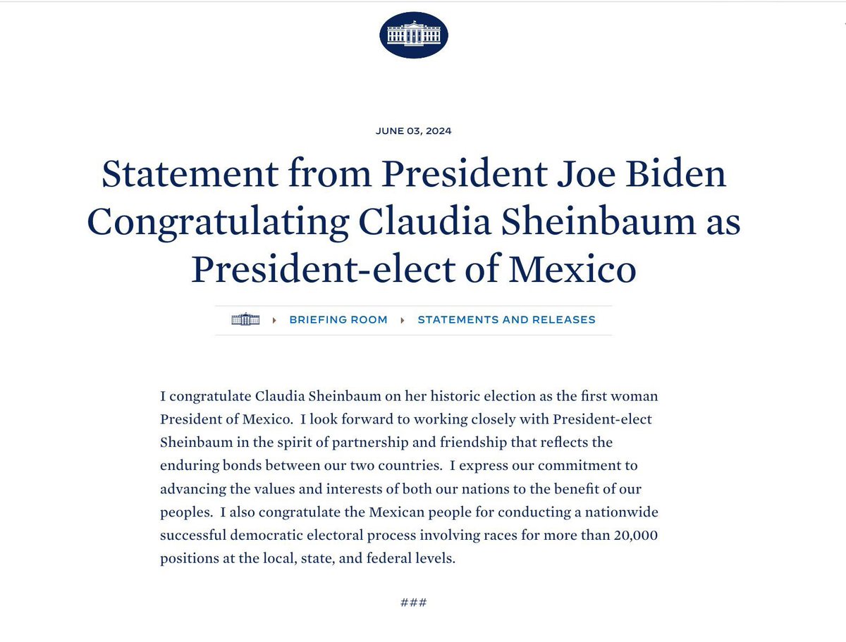 Agradezco al presidente de los Estados Unidos de América, Joe Biden <a href="/POTUS/">President Donald J. Trump</a>, su mensaje de felicitación y el reconocimiento que hace al pueblo de México por el éxito del proceso electoral. Estoy convencida que seguiremos colaborando en beneficio de nuestros pueblos y nuestras