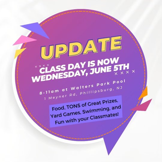 Senior Class Day Picnic update!  Bring any yard games you may have, bathing suit, towels, and get ready for MANY cool prizes and food! <a href="/BronicoJames/">bronico.james</a> <a href="/ClassOf2024PHS/">Class Of 2024</a> <a href="/rovi_mr/">Mr. Rovi</a> @pburgVP