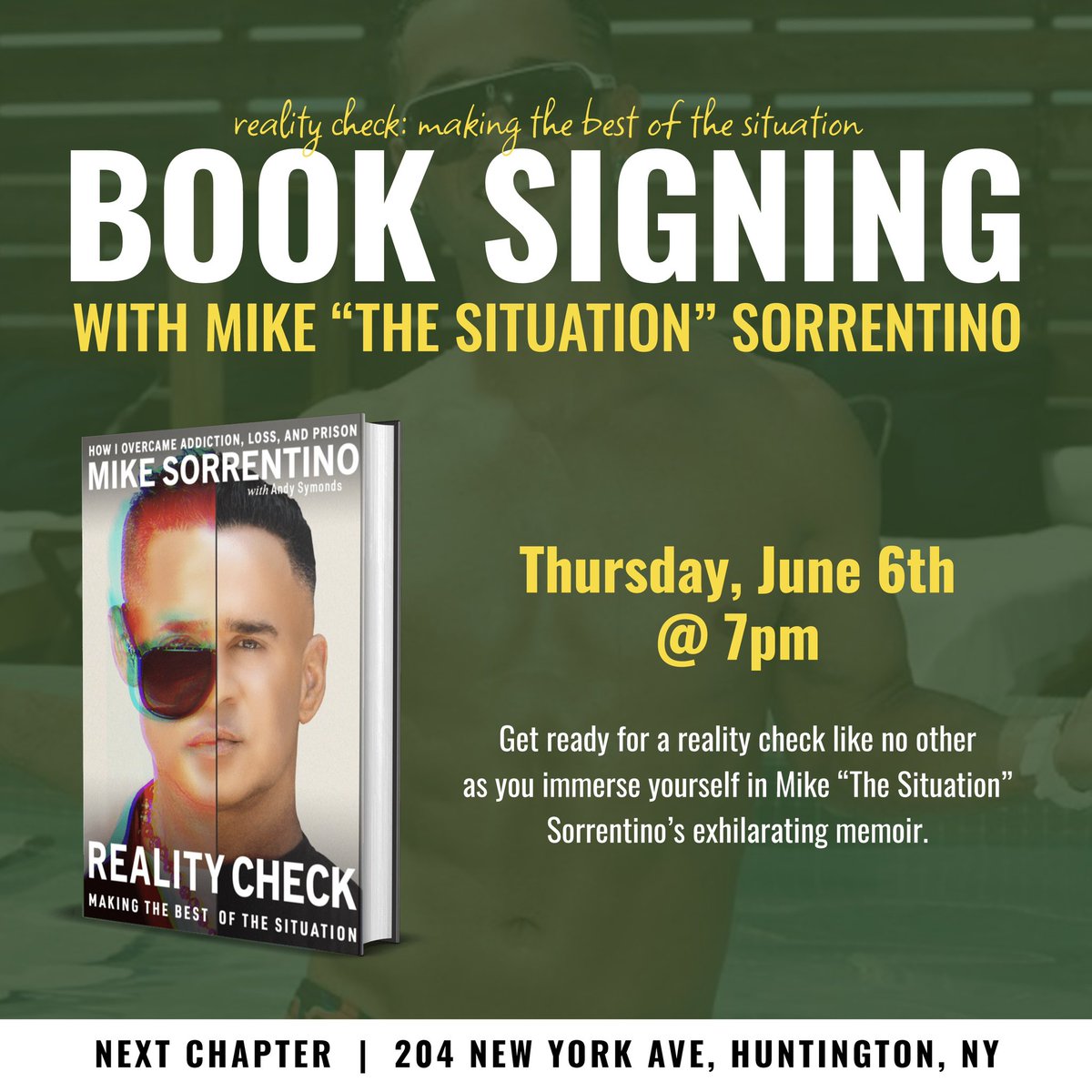 ItsTheSituation's tweet image. Jersey Shore Fans🚨📚 Grab the funfettis &amp;amp; chicken tendies‼️

Join me this Thursday June 6th @7pm at @nextchapterli for a Reality Check:Making the Best of the Situation Book Signing 😎

Ticket 🎫 Info: 

thenextchapterli.com/product/mike-t…

See you there 🔥