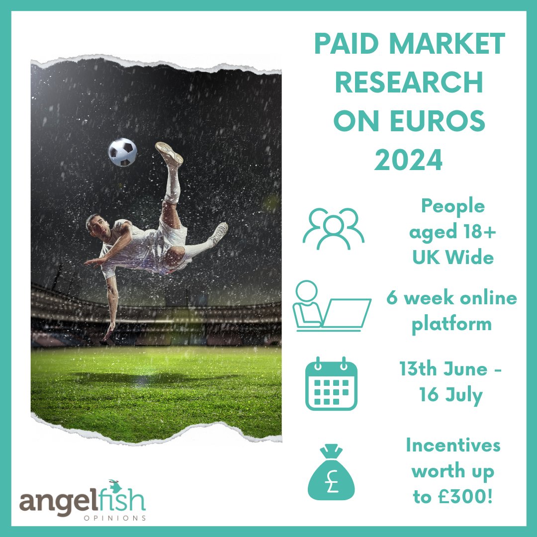 thisisangelfish's tweet photo. RESEARCH ON EURO 2024! ⚽🏆 
Take part in a 6-week online platform, averaging 2 tasks a day plus a diary task, about betting on Euro 2024 from 13th June – 16th July with a potential total of up to £300 for taking part.
 
APPLY: https://t.co/DjmfxkTSVg
 
#paidmarketresearch https://t.co/ONaRLZqejy