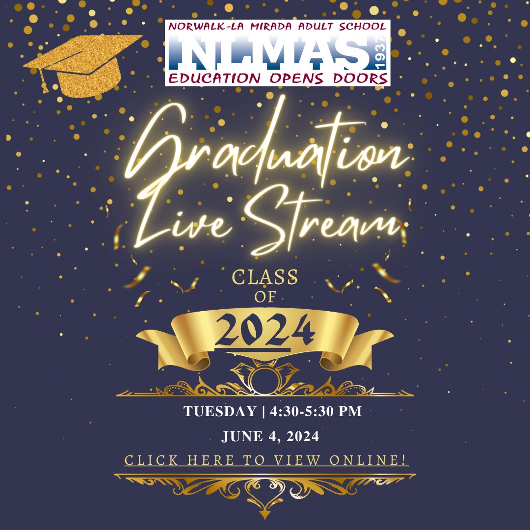 Graduation Ceremony is June 4th in the Excelsior Auditorium at Norwalk Adult Site from 4:30-5:30 pm. You can also view the graduation live stream: takeonedigital.com/elitestageandl…

#AdultEducation
#AdultEd
#MoveAheadWithAdultEd
#AdultEducationMatters
#CCAE
#HSD #HSE
#NLMUSD