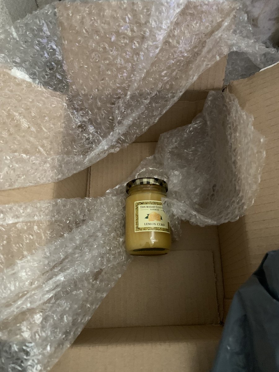 Tanster32's tweet photo. https://t.co/eGbzPGZXRq Ordered Lemon Curd and bought a small pot - 110ml. Yet you deem it ok to send it in 4 layers of wrapping &amp; enough to kill a pod of dolphins. It’s in a huge layer of bubble wrap, an outer plastic bag, 2 foot of brown paper a shoe box sized cardboard box https://t.co/Uf7AiO8VeE