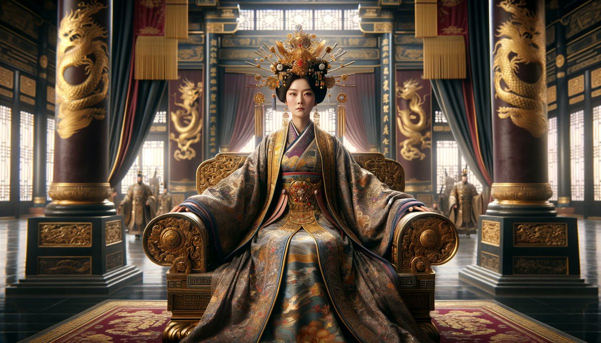 HistoryRelivedS's tweet photo. Empress Wu Zetian: Wu Zetian was the only female emperor in Chinese history, ruling during the Tang Dynasty in the 7th century. Her reign is notable for its significant political and social impacts. Born in 624 AD, Wu entered the court of Emperor Taizong as a concubine. Upon his death, she became a concubine to his son, Emperor Gaozong. Through her intelligence and strategic alliances, Wu Zetian rose to power, eventually becoming the de facto ruler after Gaozong's stroke in 660 AD.

Wu Zetian's political acumen was demonstrated through her meritocratic approach to governance. She broke with tradition by promoting officials based on ability rather than aristocratic background. This practice helped to strengthen her administration and reduce corruption. Wu established the "Twelve Suggestions," a series of political reforms aimed at improving the efficiency and accountability of the government.

Her military campaigns expanded the Chinese empire, securing its borders and consolidating power in the Korean Peninsula and Central Asia. Wu Zetian also focused on domestic policies, including major agricultural reforms to improve food production and distribution, and she advocated for the welfare of the common people.

Religiously, she supported Buddhism, a strategic move that garnered her substantial support from the Buddhist community. Wu commissioned numerous Buddhist temples and stupas, promoting the religion throughout her empire. She even declared herself a living Buddha, a move that reinforced her divine right to rule.

Empress Wu Zetian's reign ended in 705 AD when she was forced to abdicate in favor of her son, Emperor Zhongzong. Despite her controversial rise to power and often ruthless tactics, her reign is considered a period of stability and prosperity.