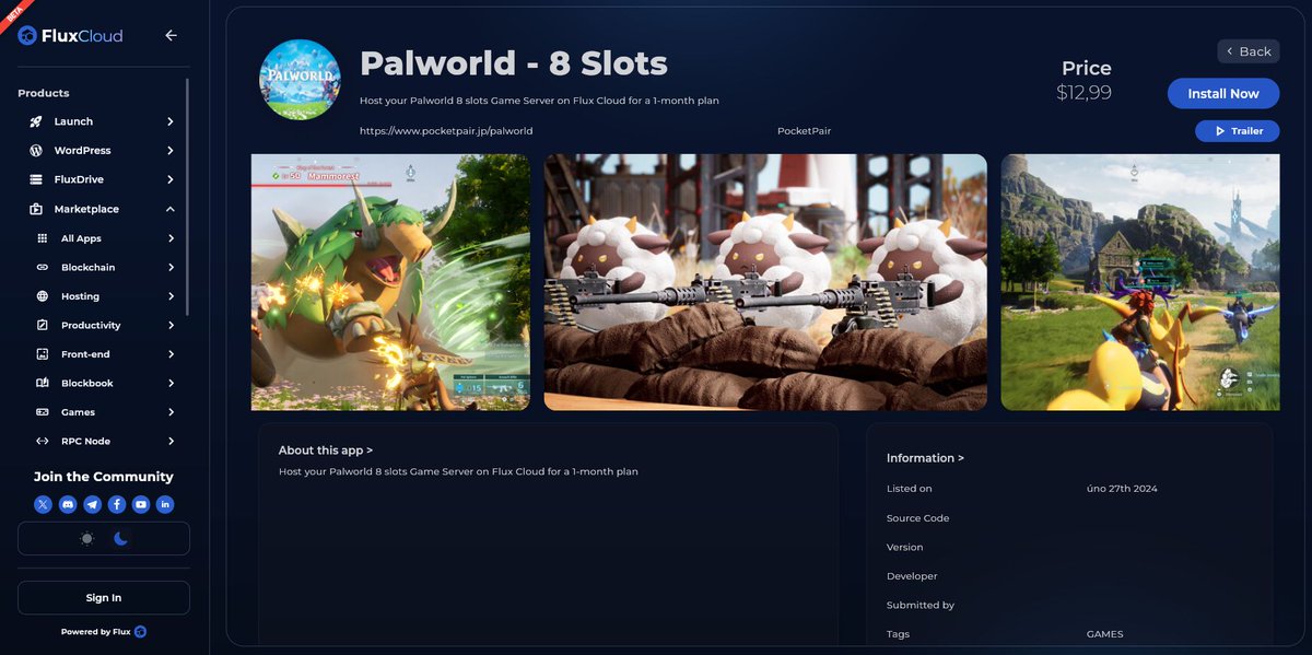 🤫Marketplace 2 from $Flux will allow you to run applications without programming skills. #Palworld is an example.@Palworld_EN

#Flux #DevOps #Cloud #Dapps #WebHosting