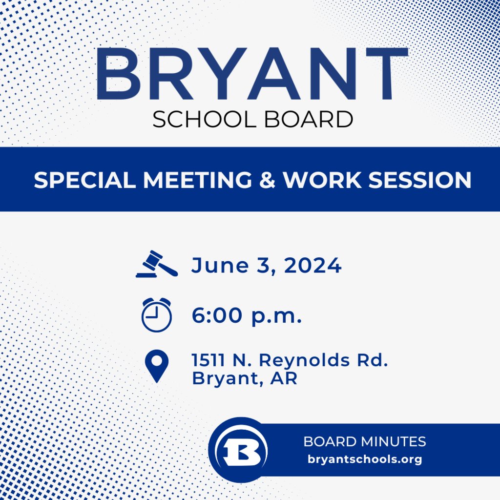 The Bryant School Board will meet tonight at 6pm for a special meeting followed by a work session in the Board Room at the Administration Building, 1511 N. Reynolds Road.

Special Meeting Agenda: bit.ly/3X8XVpQ
Work Session Agenda:  bit.ly/3X6zglw
