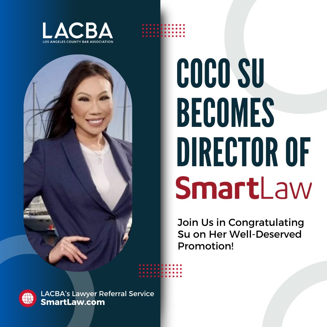 LACBA's tweet photo. Congratulations to Coco Su for her promotion to the role of Director for @866SmartLaw, LACBA's Lawyer Referral Service! π
https://t.co/S5Uhap1QYR
#LACBA #SmartLaw #LawyerReferral #LosAngelesLawyers #Promotion #Californialawyers #LawCareer https://t.co/CdWG5jNmHa