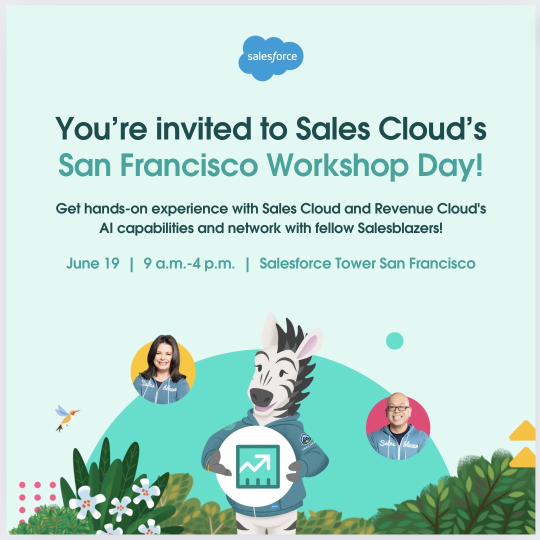 Calling all #Salesblazers! In-person hands-on workshops are heading to #SalesforceTower in San Francisco! 🌆 

Want to try the AI features of Sales Cloud Unlimited Edition & Revenue Cloud for yourself? 👀 This is your chance. 🙌 

Register here: sfdc.co/sf619