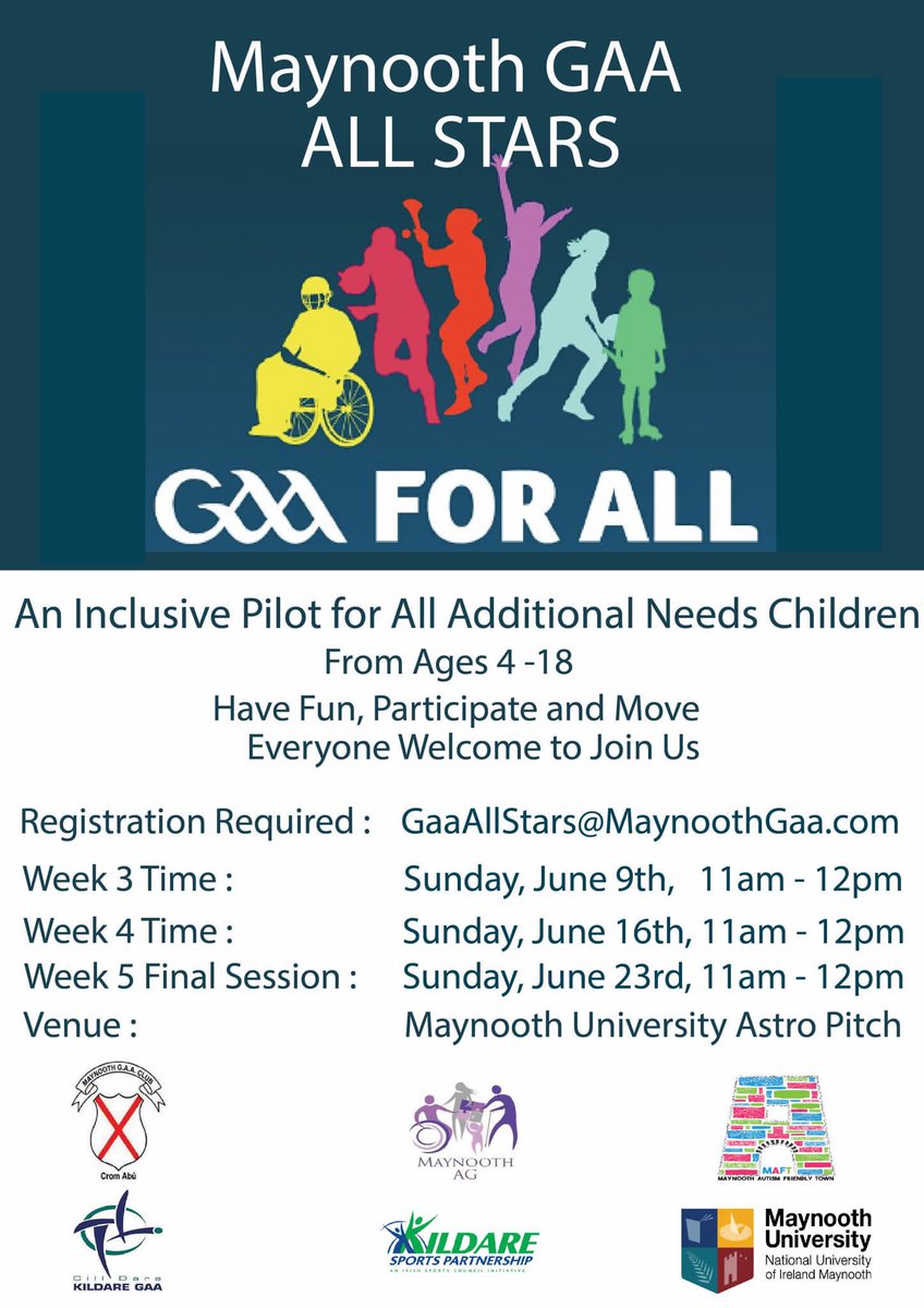 Please see poster outlining the upcoming dates for the Maynooth GAA All-Stars programme being delivered by the club between now and the end of June🤍🖤