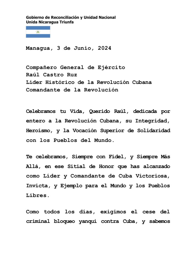 PresidentedePaz's tweet photo. 🇳🇮🇨🇺  Celebramos tu Vida, Querido Raúl, dedicada por entero a la Revolución Cubana, su Integridad, Heroísmo, y la Vocación Superior de Solidaridad con los Pueblos del Mundo. https://t.co/Z6agHpVCgc
