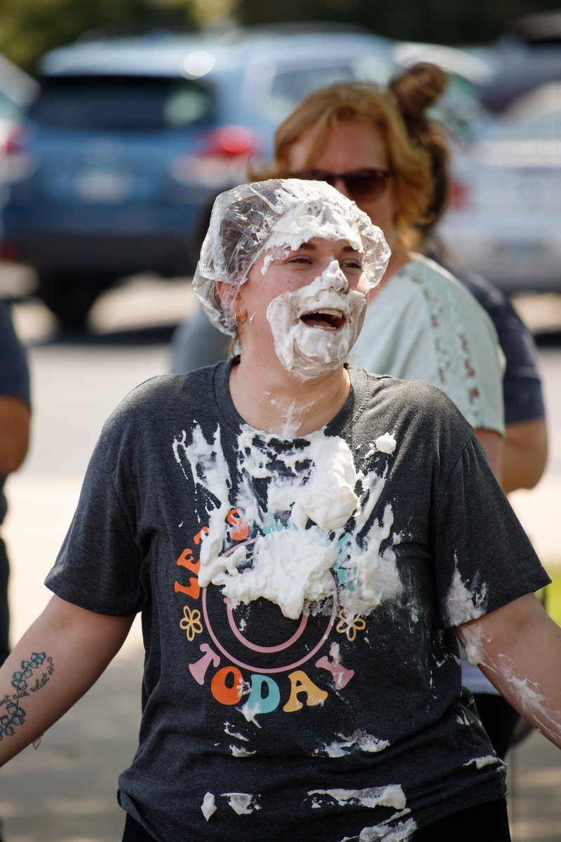 ccsd21's tweet photo. The final RAMp It Up assembly for the year at @ccsd21riley was an absolute PIE-ce of work! Twenty staff members bravely took one for the team with a whopping pie to the face! Who knew teaching could be this "sweet?" #21Learns https://t.co/6XRwYlBRdZ