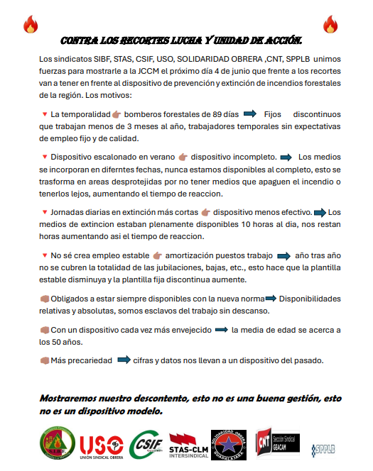 CSIFCLM's tweet photo. 👉Mañana  nos concentramos junto a otros seis sindicatos 🔥porque algo tan importante como la prevención y extinción de incendios no puede estar sujeto a recortes ✂️

🕚11 horas | Consejería Desarrollo Sostenible, Toledo https://t.co/tYWaFzbJhz