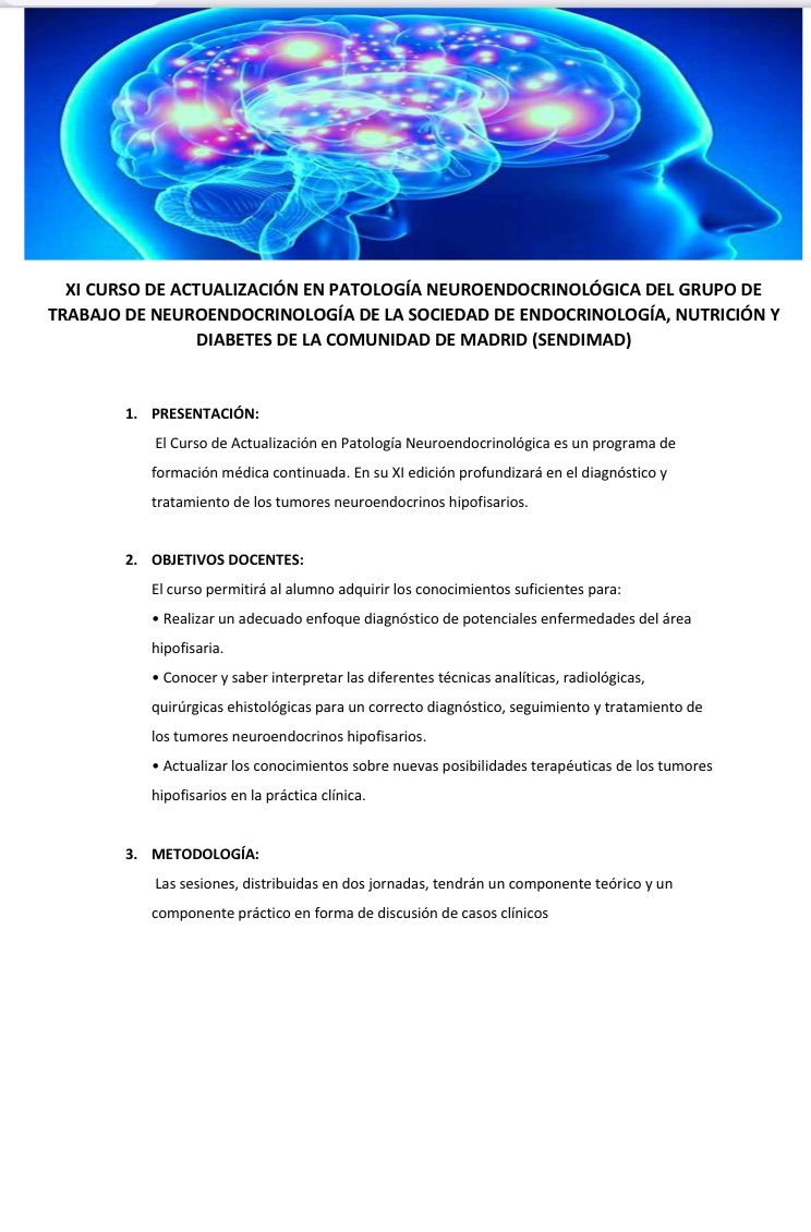 calatayudgm's tweet photo. Mañana 2a Jornada Curso #Neuroendo @SENDIMAD1 formato mixto presencial en #H12O a las 16:00. Os esperamos! Manejo de situaciones clínicas complejas en #Cushing y #Acromegalia @ConchaBlanco8 @RogelioGCenten1 @MonicaMarazuela @EndocrinoLaPaz https://t.co/2YSvMydF5I