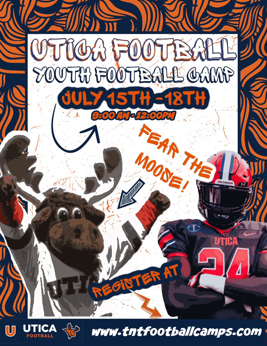 Come join us! 🟠🫎
2⃣0⃣2⃣4️⃣ YOUTH FOOTBALL CAMP

Attend a fun-filled, skill-building four days, hosted by Utica Football!  

🗓️- July 15- 18th 
📍- Gaetano Stadium 
👥-Grades 2-8 
🔗- tntfootballcamps.com/youth-football…

#FearTheMoose